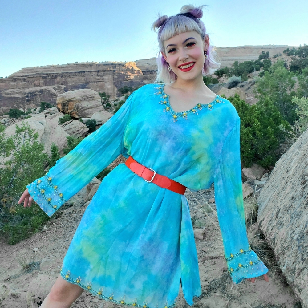 Roaman's Blue Tie Dye Beaded Chiffon Dress